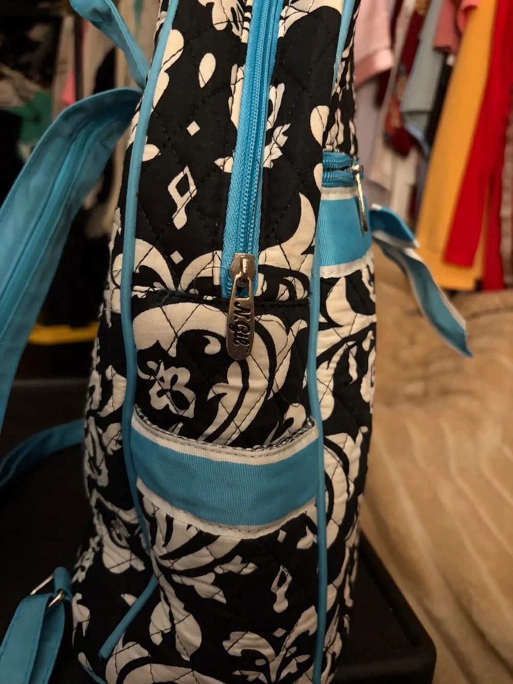 N. Gil Quilted Damask Mini Backpack with Blue Bow Detail